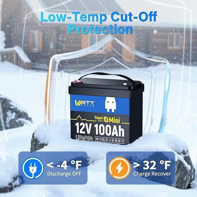 Wattcycle 12V 100Ah LiFePO4 Lithium Battery Mini with Bluetooth, 100Ah BMS BCI Group 24, 1.28kWh Energy, Mini 12V Lithium Battery for RV, Marine, Boat, Trailer Lifepo4 Batterys