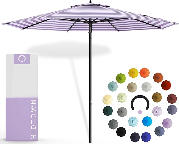 Midtown Umbrellas Push and Pop 10 Feet Outdoor Umbrella, Purple/White Stripes Polyester Fabric - Fiberglass Ribs Deck Patio Umbrella, Backyard Umbrella, Garden Umbrella & Pool Umbrella - Black Pole