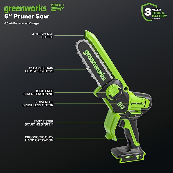 Greenworks 24V 6" Mini Chainsaw Cordless , Small Cordless Handheld Saw, 2.0Ah Battery and Charger Included, for Tree Trimming Wood Cutting, Best Gifts for Dad, Husband