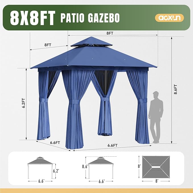 AOXUN Outdoor Gazebo for Patio 8x8, Metal Frame Canopy with Double Roofs, Heavy Duty Party Tent and Shelter with Mosquito Netting and Privacy Screen for Garden,Backyard, Lawn, Deck (Navy)