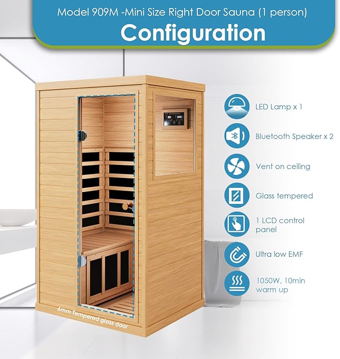 Saunas 909Mini Far Infrared Sauna, Indoor Dry Sauna (Hemlock Wood, 1 Person Mini Size Right Door)