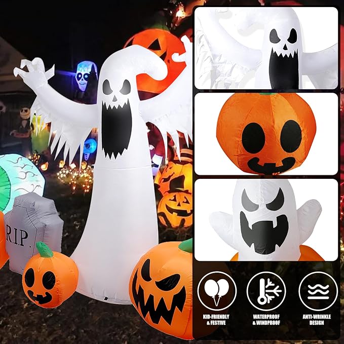 8 FT Halloween Inflatables Ghost & Pumpkins Outdoor Decorations, Inflatable Blow Up Yard Decor with Color Changing LEDs, Inflatable Decorations Outdoorfor Yard Garden