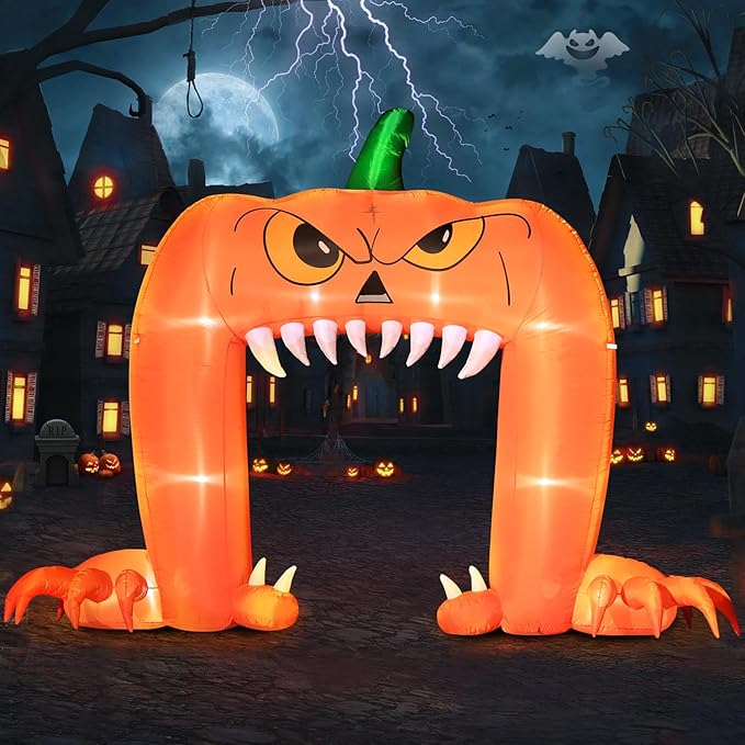 DomKom Halloween Inflatable Blow Up Decorations, 12FT Long 9FT Tall Spooky Pumpkin Archway, Built-in LEDs for Holiday Party, Garden, Lawn, Yard, Patio Décor