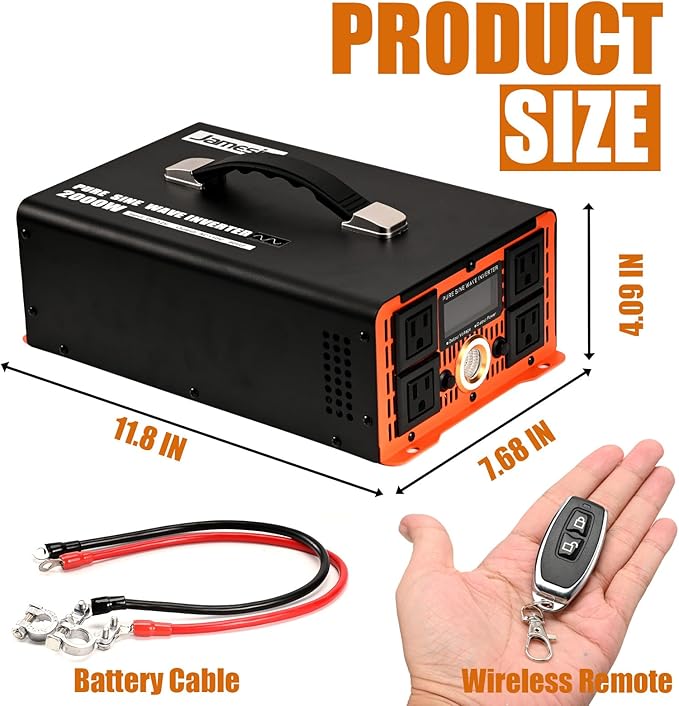 Jamesin 2000 Watts Pure Sine Wave Inverter, 4000 Watts Peak Power, 12 VDC to 110/120 VAC with LED Display for Home, Truck, Car, RV, Residential Solar Systems