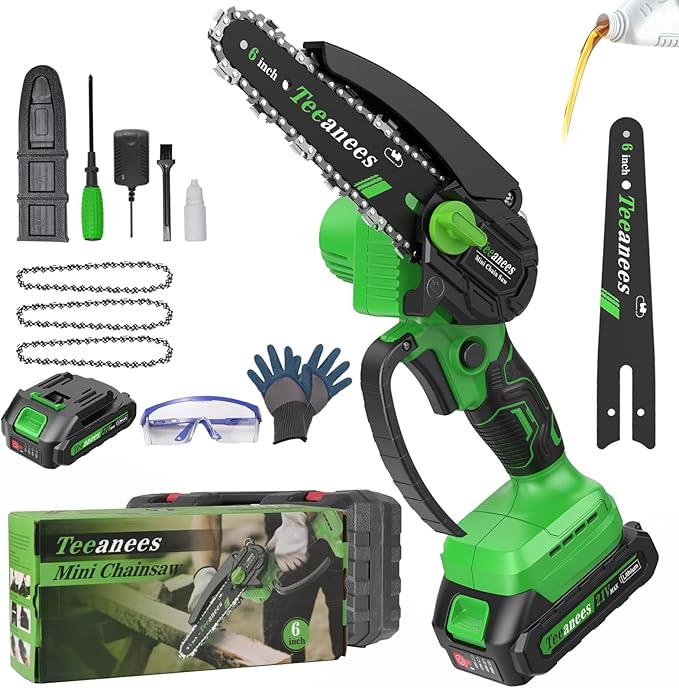 Mini Chainsaw Cordless 6 Inch, Electric Chainsaw Battery Powered with Auto Oiler, Security Lock for Wood Cutting, Tree Trimming, Garden & Household Use(1 Batterie)
