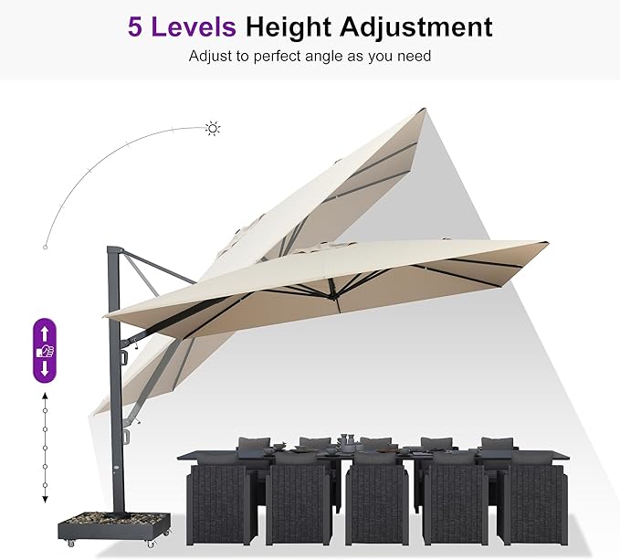 PURPLE LEAF 13' X 10' Rectangle Patio Umbrella Large Outdoor Aluminum Offset Umbrella with 360-degree Rotation Cantilever Umbrella with Base Included for Garden Deck Backyard Pool Beige