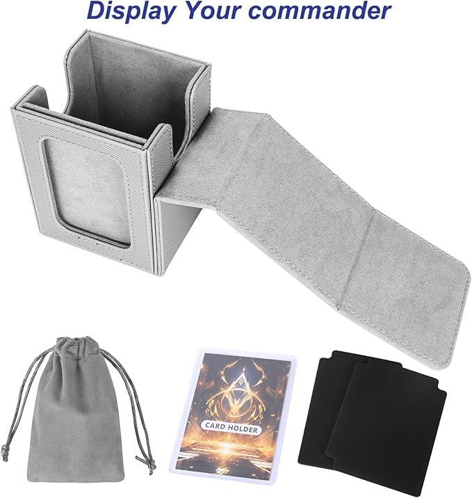 AFIING MTG Deck Box for Commander Display,Card Deck Box Fits 100 Double Sleeved Cards, Magic Commander TCG Card Storage Box with 2 Dividers,Drawstring Bag and 1 Toploader(Silver/grey)