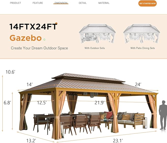 YOLENY 14'x24' Gazebo, Wooden Finish Coated Aluminum Frame Pergola with Double Galvanized Steel Hardtop Roof, Outdoor Permanent Metal Pavilion with Curtains and Nettings for Patio, Backyard and Deck