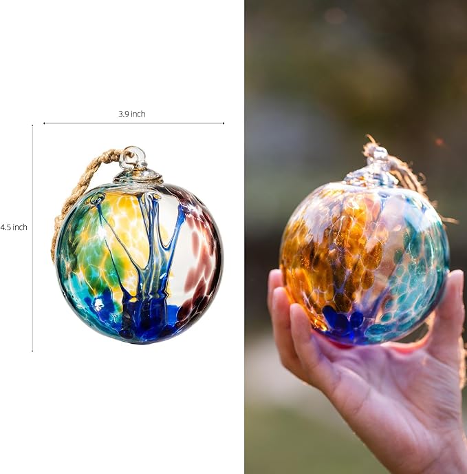 4” Tree of Life Witch Balls, Gazing Balls Hanging Friendship Balls, Hand-Blown Glass Christmas Ornament for Window Outdoor Home Decor, Garden Patio Decoration, Gifts for Women (Blue)