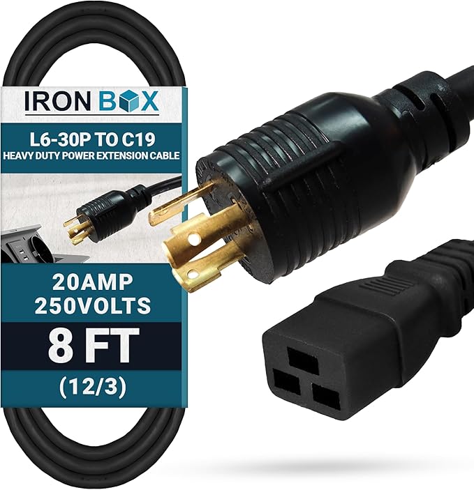 IronBox Electric NEMA L6-30P to C19 Power Cord - 20Amp, 250V, 12/3 SJT - UL Listed Heavy Duty Power Extension Cable for Generator, Data Centers, Outdoor Use, High-Powered Applications & More (8 ft)