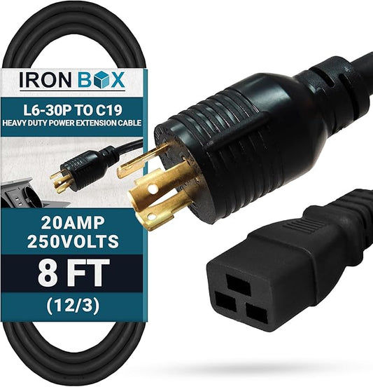 IronBox Electric NEMA L6-30P to C19 Power Cord - 20Amp, 250V, 12/3 SJT - UL Listed Heavy Duty Power Extension Cable for Generator, Data Centers, Outdoor Use, High-Powered Applications & More (8 ft)