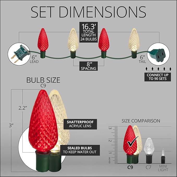 Wintergreen Lighting C9 Red and White Christmas Lights Set of 24, 16.3 Ft. LED Christmas Lights Red-Warm White Indoor-Outdoor C9