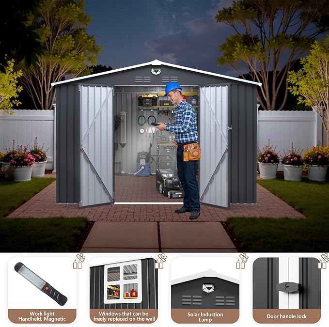 10x12 FT Outdoor Storage Shed, Metal Garden Shed - Tool Storage Sheds with Lockable Doors & 1 Clear Window, Waterproof Outside Storage Building for Backyard, Patio (Black; Floor Not Included)