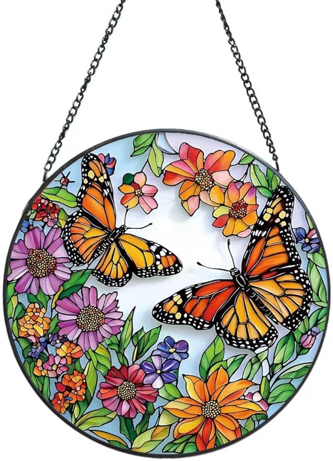 Suncatcher Stained Glass Window Hanging - Butterfly Glass Panel with Metal Chain and Hooks Handmade Sun Catcher Decoration for Window Garden Home Christmas & Birthday Gifts (8 Inch)