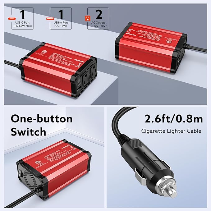 300W Car Power Inverter - Fast Charging PD 65W USB-C & QC3.0 Ports - 12V DC to 110V AC Converter for Vehicles with Multi-Protection