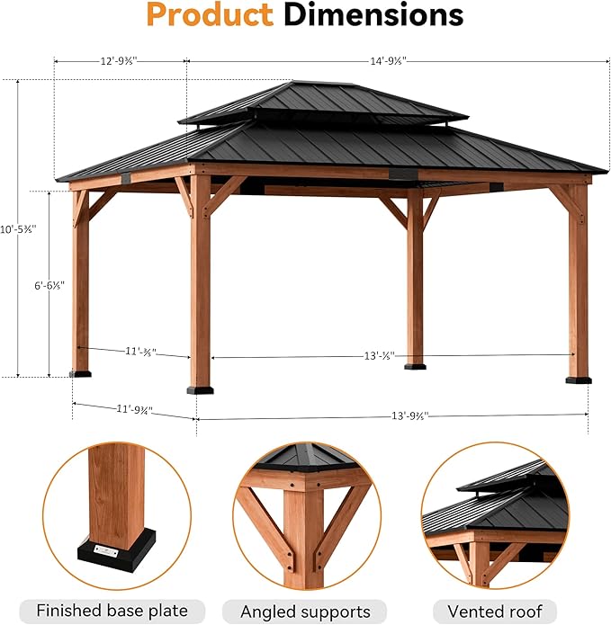 Modern Shade Rosewood Wood Gazebo 13' x 15', Cedar Framed Grill Gazebo with Double Galvanized Steel Roof, Mosquito Netting and Curtains, Permanent Hardtop with Sturdy Hooks for Garden, Backyard, Patio