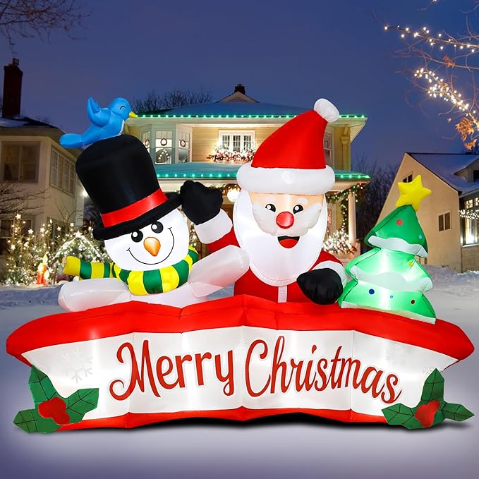 8ft Christmas Inflatables Banner Outdoor Decorations + 6ft Inflatable Snowman Santa Claus Christmas Blow Up Yard Decorations with Build-in LEDs Christmas Inflatable Decoration for Yard