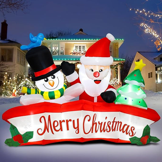8ft Christmas Inflatables Banner Outdoor Decorations + 6ft Inflatable Snowman Santa Claus Christmas Blow Up Yard Decorations with Build-in LEDs Christmas Inflatable Decoration for Yard