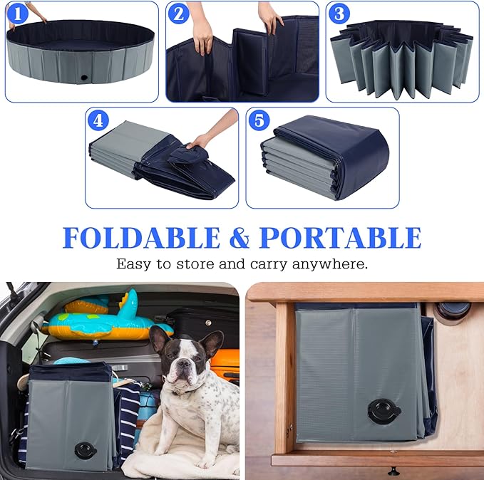 Foldable Dog Pool, Portable Pet Bath Tub and Kiddie Swimming Pool, Collapsible Bathtub for Puppies, Small, Medium and Large Dogs, Cats and Kids, 48 x 12 in, Gray