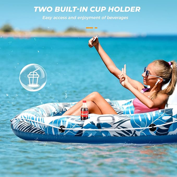 Pool Floats Adult 1-2-3 Person Inflatable Lounger, Extra Large Tanning Recliner Floaty Chair Raft with Backrest, Footrest, Cup Holder for Pool, Lake, River, Beach, Ocean & Party Use