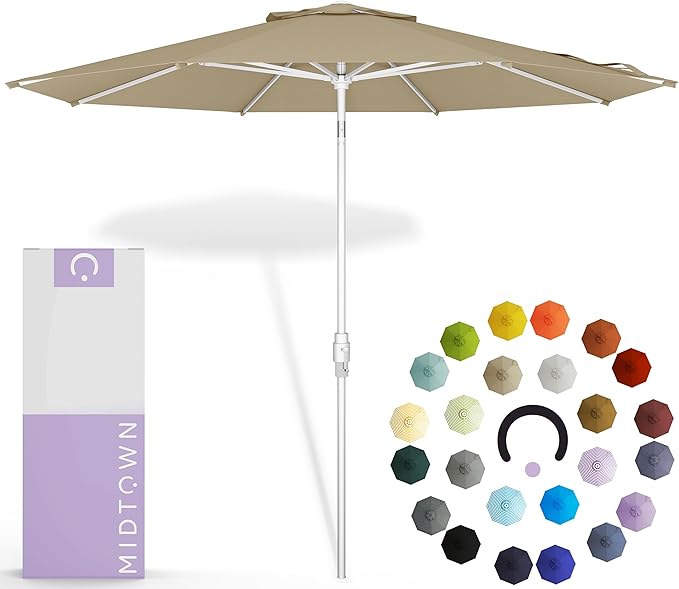Midtown Umbrellas The Swilt 8 Feet Patio Umbrella in Terylast Chestnut (Beige) Polyester Fabric - Fiberglass Ribs, Auto-Tilt Aluminum Frame For Backyard, Deck, Garden, Pool - White Pole
