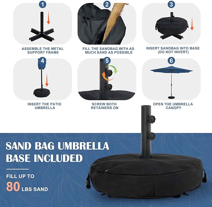 Sundale Outdoor 11 ft Patio Umbrella with Sand Bag Umbrella Base Included, Outdoor Umbrella with Tilt and Crank, Navy