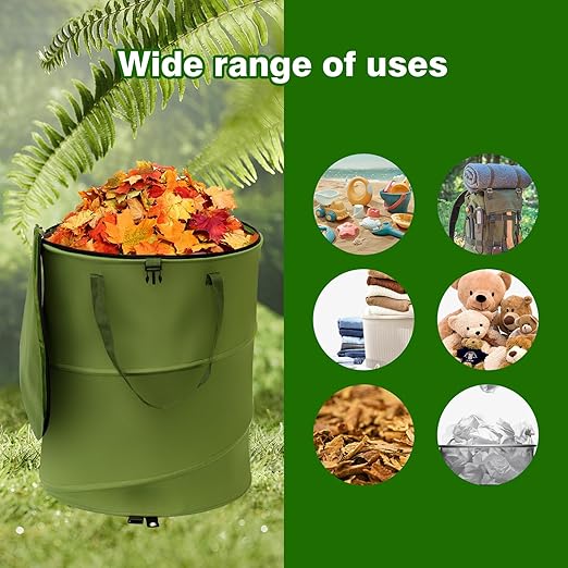 Reusable Lawn and Leaf Garden Bag, Collapsible/Pop Up Trash Can, 18x22 In Garbage Can and Recycling Bin with Lid for Home Storage, Laundry, Camping, Garden (2Pcs-Green 24 Gallons)