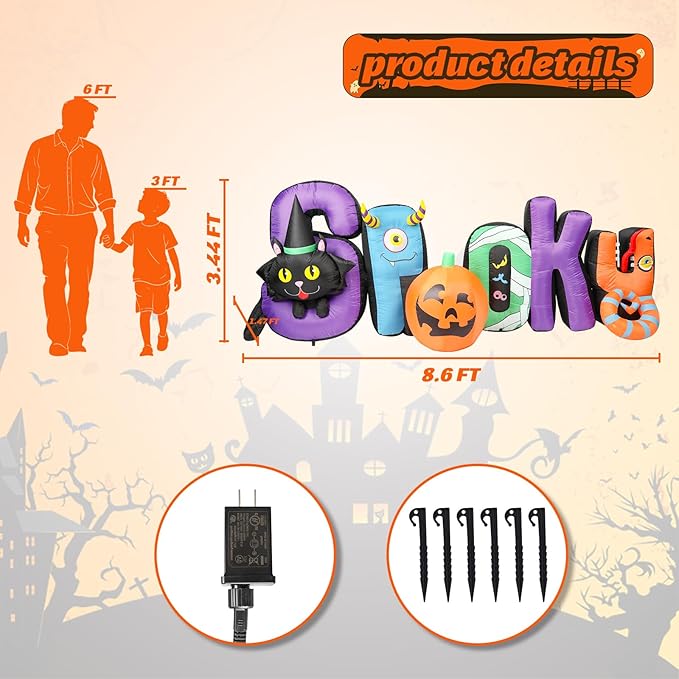 VCUTEKA 8.6FT Halloween Inflatable Spooky Pumpkin Cat Outdoor Decoration, Blow Up Decor with LED Lights for Holiday Party Inflatables Indoor Home Garden Lawn Yard Decorations