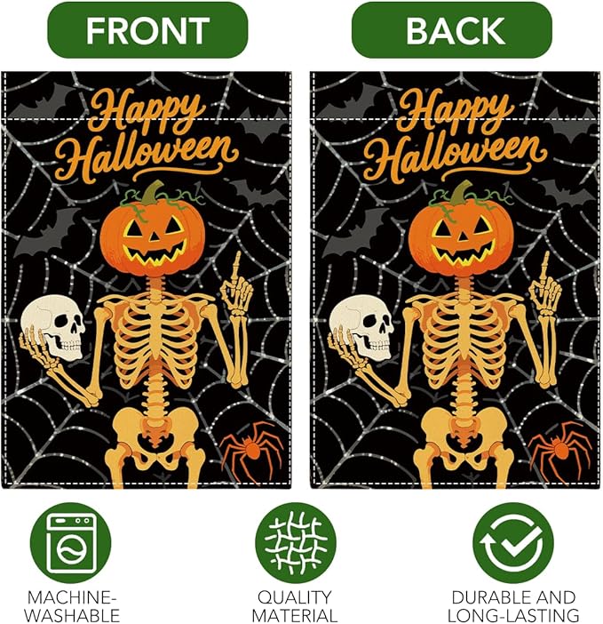 Happy Halloween Garden Flag Skeleton Pumpkins Fall Halloween Themed Holiday Party Outside Outdoor Lawn Decorations Yard Flag Double Sided 12x18 Inch