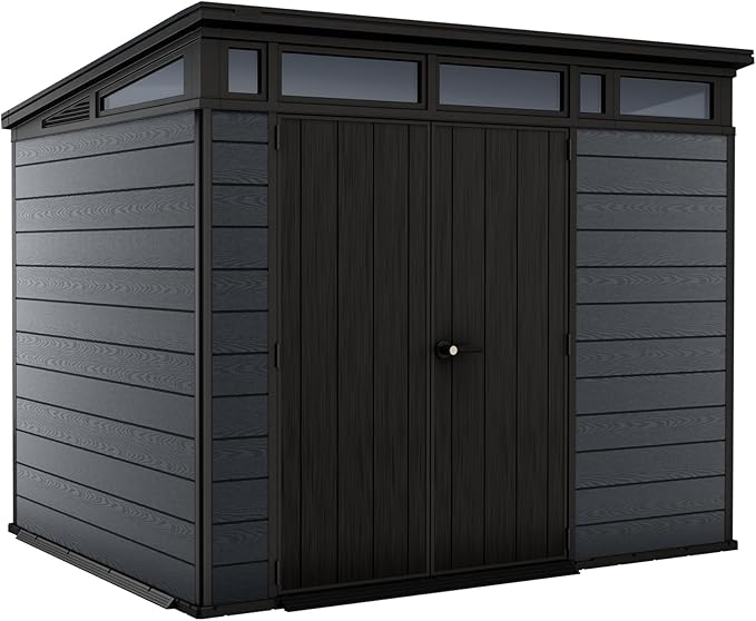 9x7 Ft All-Weather Storage Shed with Skylight,Window,Built-in Ventilation,Walls, & Lockable Double Doors for Patio Furniture Lawn Mower Tools and Bike Storage Lockable Black and Gray