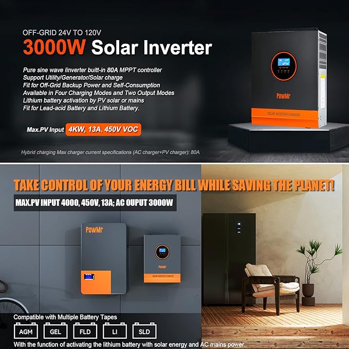 3000W Solar Inverter 24V to 120V, Max.PV Input 4KW,450V VOC,Pure Sine Wave Power Inverter Built-in 80A MPPT Controller and 40A AC Charger for Home, RV, Off-Grid Solar System