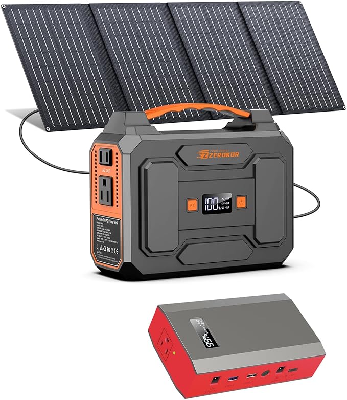 100W Portable Power Station with Foldable Solar Panel, 110V Camping Power Bank with AC Outlet, Rechargeable Battery Solar Generator Power supply for Smart Device Outdoor RV Travel, Emergency Backup