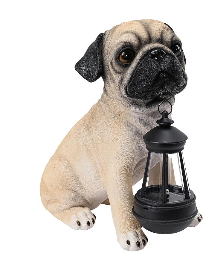 Afirst Solar Dog Garden Statue with Solar Lantern Outdoor Garden Pug Statues Figurines Lights Decorations for Patio Balcony Yard Ornament Outdoor Decor Gift