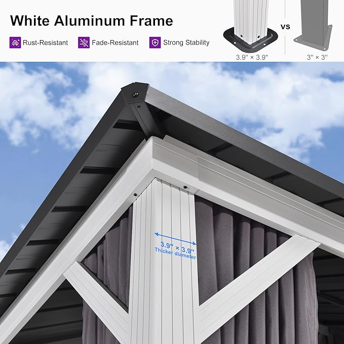 PURPLE LEAF 12' X 16' Hardtop Gazebo, White Aluminum Frame Gazebo with Double Roof, Curtain and Netting for Patio, Garden and Backyard