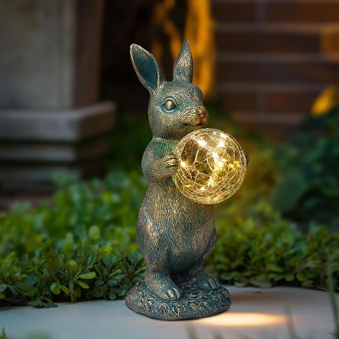 MININOVA Garden Outdoor Statues Rabbit with Solar Light Bunny Figurines Decorations with Wider Base & Reinforced Weight for Patio Yard Lawn Ornaments Gifts for Birthday Christmas Housewarming