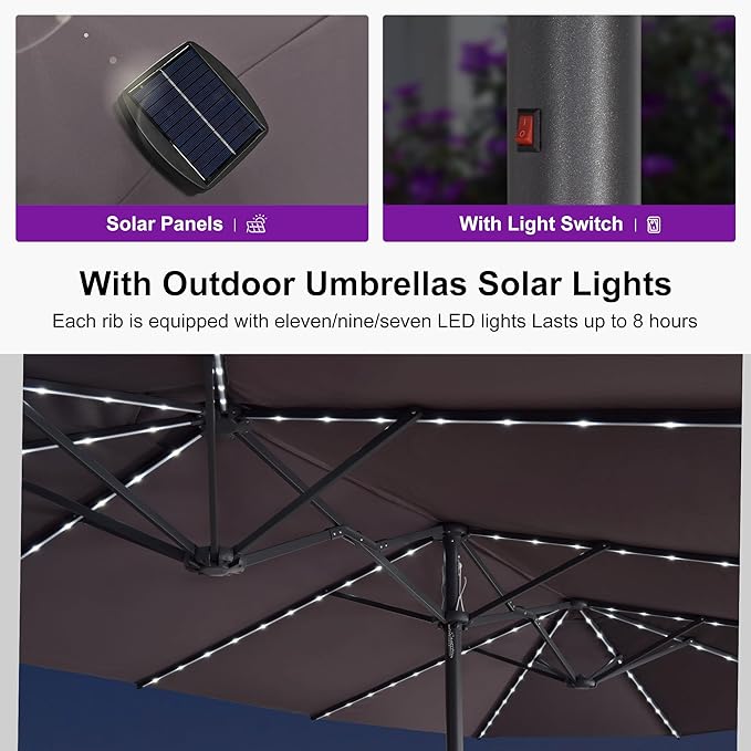 PURPLE LEAF 14ft Patio Umbrella with Solar Lights Outdoor Double-Side Market Umbrella with Base Included Rectangle Table Umbrella for Pool Garden Backyard, Light Grey