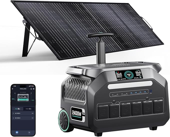 IEE P2400 Portable Power Station with 1x200W Solar Panel,2400W AC Outlet(Peak 5000W),1800W 1.2H Fast Charge,2048WH Lifepo4 Battery,5-8MS EPS Switch,Below 30DB Solar Power Generator for Home Backup,RV.