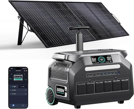 IEE P2400 Portable Power Station with 1x200W Solar Panel,2400W AC Outlet(Peak 5000W),1800W 1.2H Fast Charge,2048WH Lifepo4 Battery,5-8MS EPS Switch,Below 30DB Solar Power Generator for Home Backup,RV.