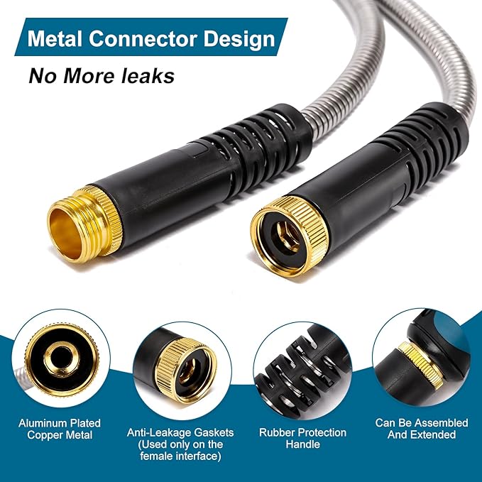 Metal Garden Hose 50 FT, Stainless Steel Hose, Water Hose with 10 Function Nozzle, No Kink & Tangle, Easy to Use & Store, Heavy Duty Lightweight Outdoor Hose