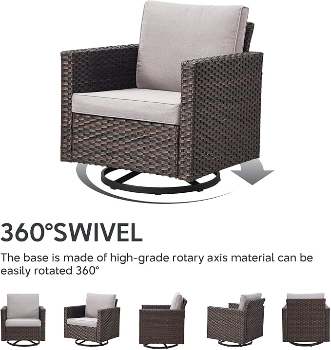 7 Piece Wicker Patio Furniture Set - Outdoor Swivel Rocker Chairs Set with Coffee Table, Side Table, 3 Seat Sofa & Ottomans, Small Patio Conversation Sets for Balcony Deck - Brown/Beige