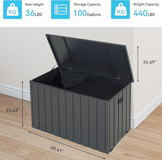 Outdoor Storage Box, 100 Gallon Metal Deck Box Built-in a Oxford Fabric Storage Bag, Lockable & Waterproof Outside Patio Storage Box - Gray
