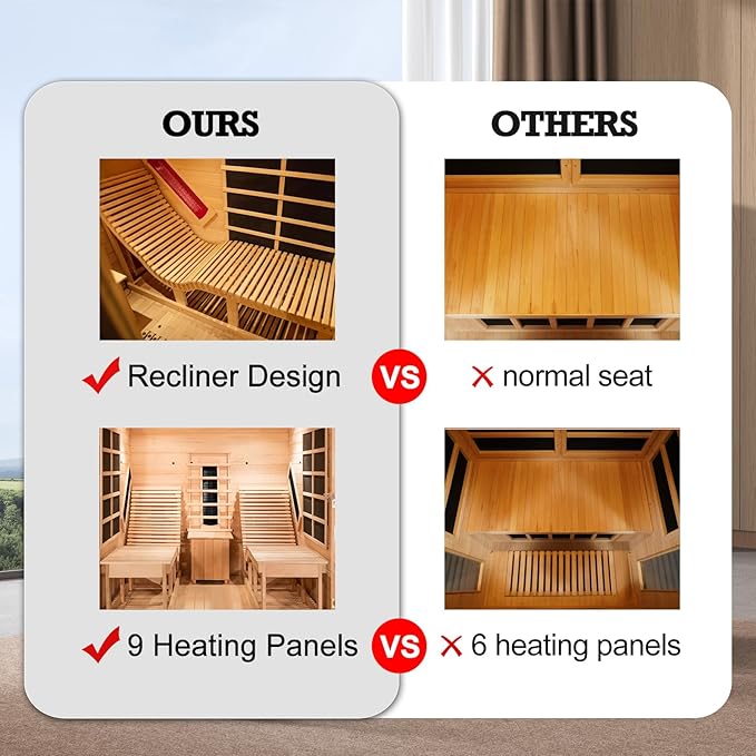 Infrared Sauna with Recliner, 2 Person Hemlock Wooden Dry Saunas with 220V/3400W, Indoor Home Sauna Spa with 9 Heating Panels, Bluetooth Speaker, 7 Color Lights, Oxygen Bar