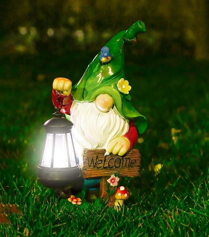 Garden Gnome Statue, Resin Figurine with Bright Solar Lantern Lights and Welcome Sign, Outdoor Solar Illumination Decorations for Indoor Patio Lawn Garden Room,Birthday Housewarming Gift