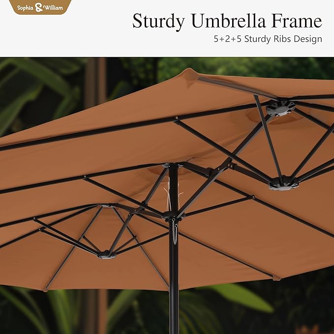 Sophia & William 15 ft Extra Large Patio Umbrella with Base Included, Rectangular Outdoor Umbrella Heavy Duty, Market Umbrella Double-sided Fade Resistant for Pool Garden Backyard, Maillard Tawny