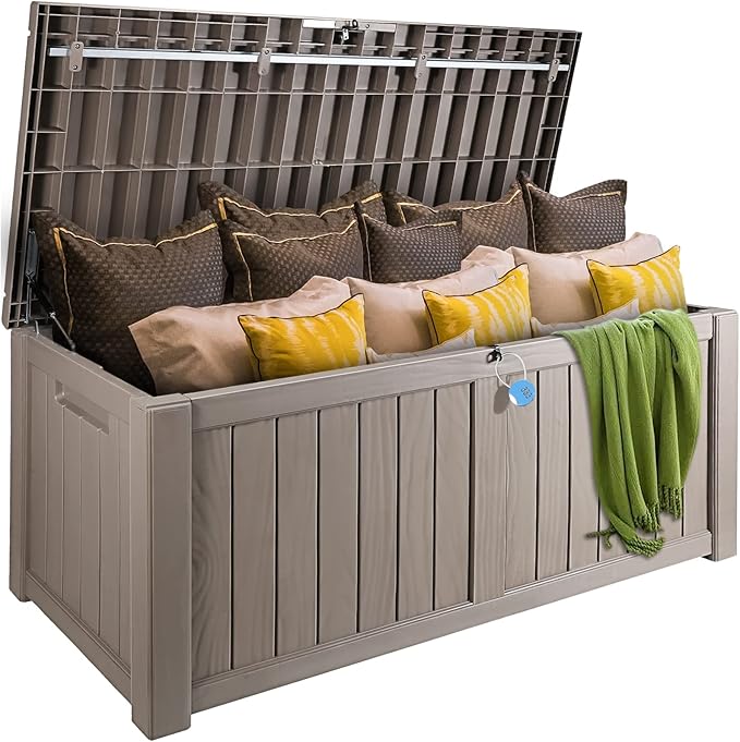 VEVOR Deck Box, 120 Gallon Outdoor Storage Box, 56.3" x 26.6" x 23.8", Waterproof PP Deckbox with Aluminum Alloy Padlock, for Patio Furniture,Garden Tools, Outdoor Cushions, Gray