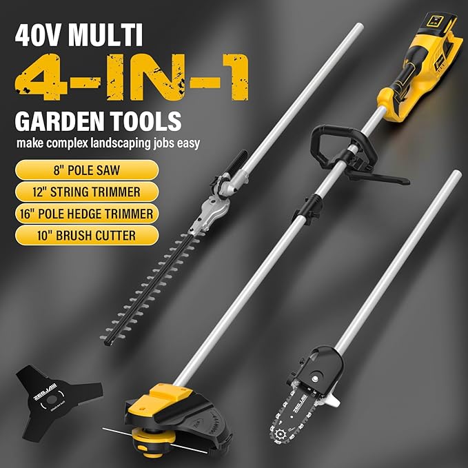 40V Weed Wacker Cordless, 8-Inch Cordless Pole Saw, Hedge Trimmer Cordless and Brush Cutter, 4-in-1 Multi Garden Tools with 2X20V 4.0Ah Batteries and Charger