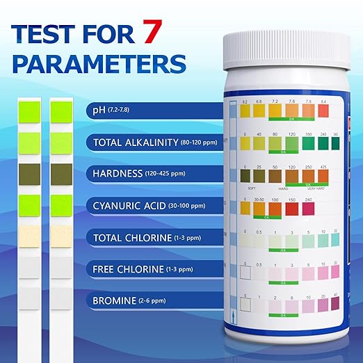 Pool Spa and Hot Tub Test Strips - 125 Pool Spa Test Strips - Swimming Pool Water Testing Kit - Rapid Accurate Easy to Test pH, Hardness, Bromine, and More (7-Way)