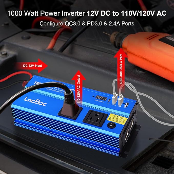 Power Inverter 12v to 110v 1000w: 1000 Watt Dc to Ac Converter Battery Inverters for Car Charger Adapter with Outlet Plug - Inverter with Cigarette Lighter for Car Truck Vehicles Rv Boat Home Auto