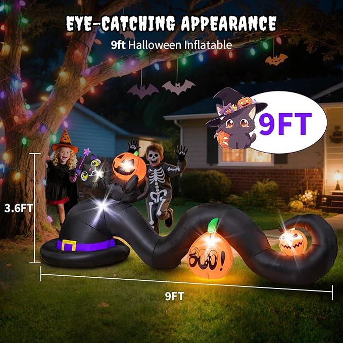 9FT Halloween Inflatable Witch Hat with Black Cat & Pumpkins, Large Blow Up Yard Decoration with 5 Built-in Lights, Cute Halloween Outdoor Inflatables for Party Garden Patio Lawn Decor