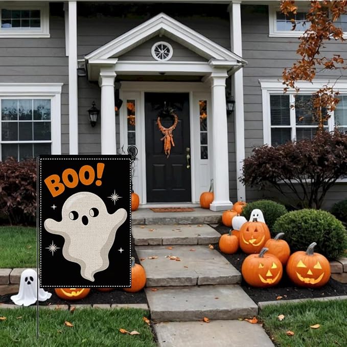 HTBIG Halloween Ghost Decor Garden Flag, Boo Ghost Halloween Garden Flag, Yard Flags for Outside 12x18 inch, Outside Yard for Home Decorations